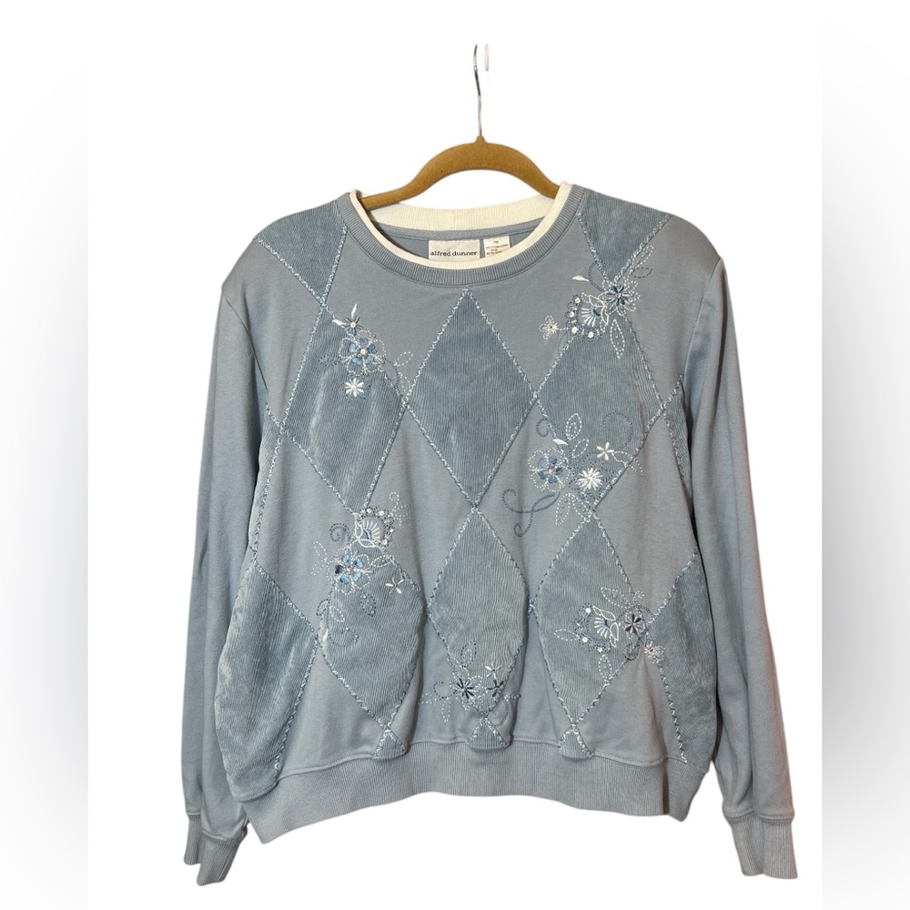 Alfred Dunner Blue Floral Patchwork Embroidered Sweatshirt Grandmacore Size PXL